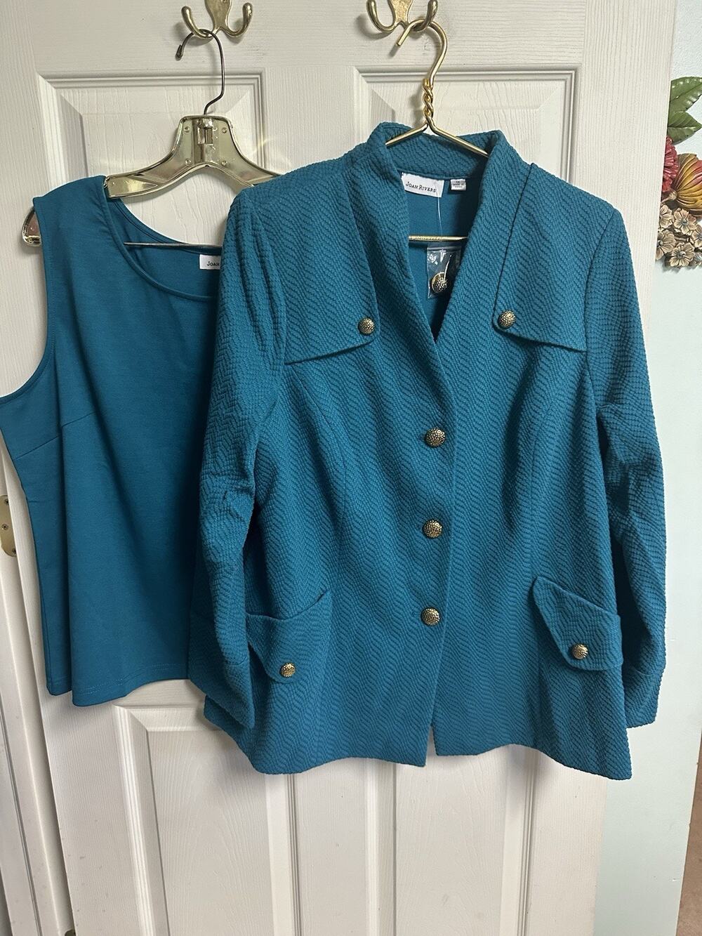 2 Lot Joan Rivers Blazer Teal Jacket Purple Textured Tweed Gold Buttons 1x Plus